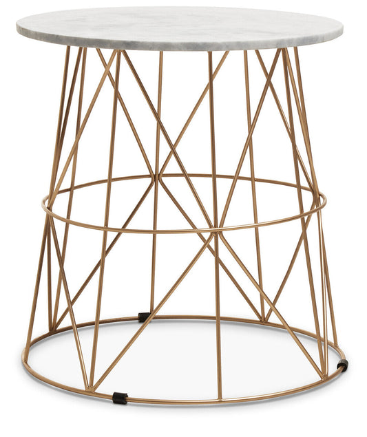 White Marble Top Round Side Table with Gold Cage Metal Frame | Mandoli