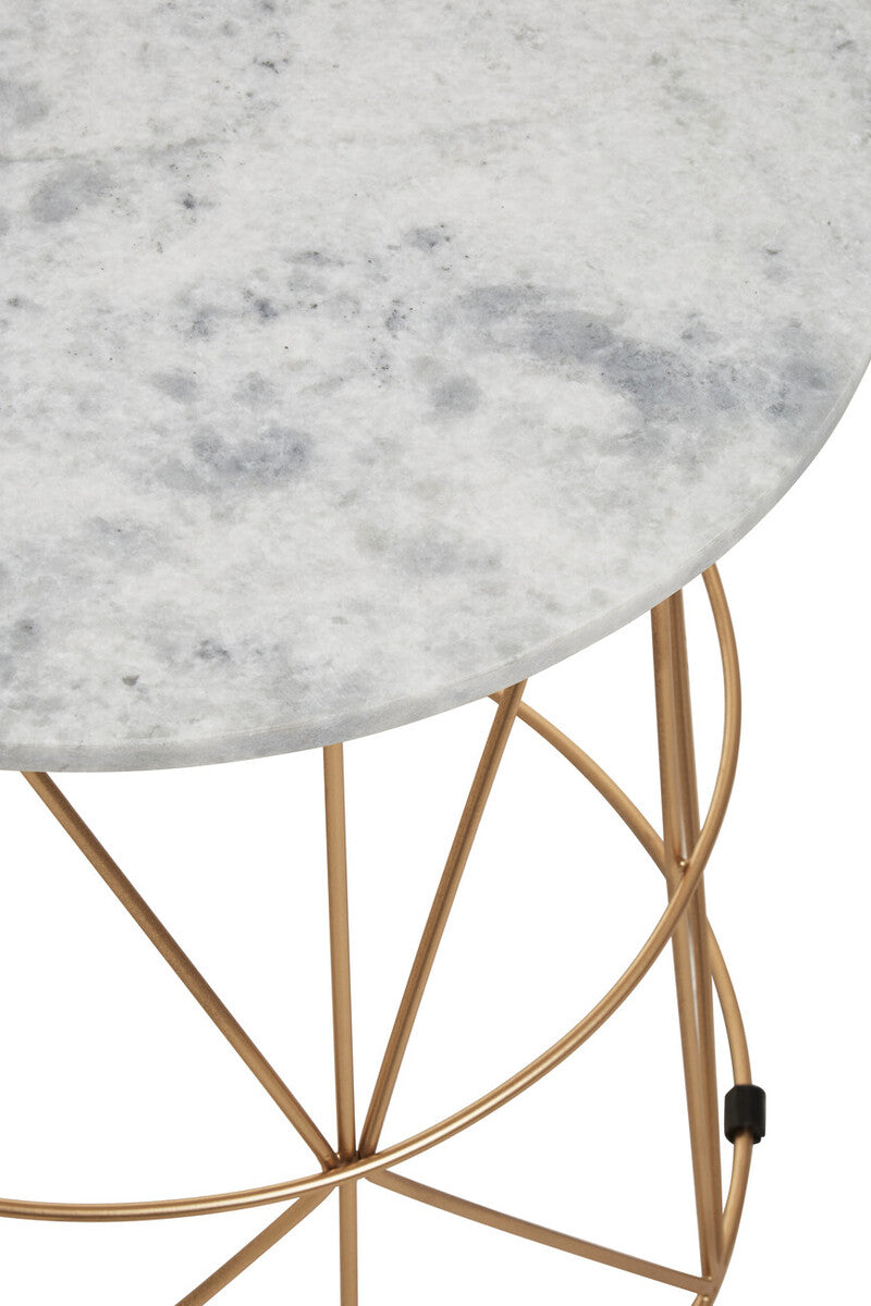 White Marble Top Round Side Table with Gold Cage Metal Frame | Mandoli