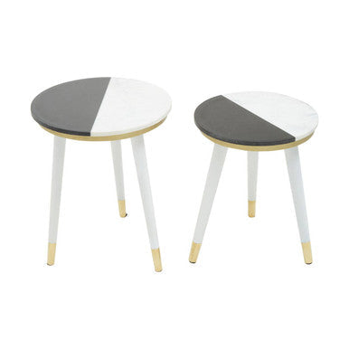 Set of 2 Black & White Marble Side Tables with White Legs and Gold Base Detailing | Nirav