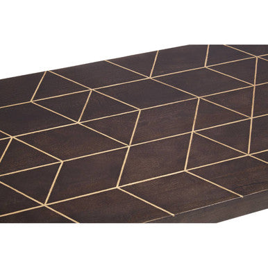 Brown Mango Wood Rectangular Coffee Table with Gold Tip Legs and Geometric Gold Lines on Top | Naro