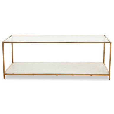 Glass Top Coffee Table with White Terrazzo Effect Shelf and Gold Metal Frame | Novi