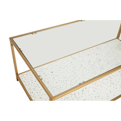 Glass Top Coffee Table with White Terrazzo Effect Shelf and Gold Metal Frame | Novi