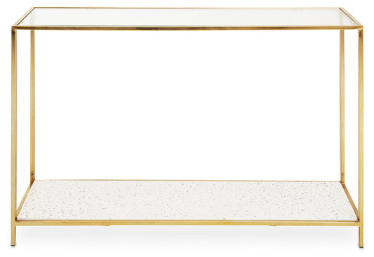 Glass Top Console Table with White Terrazzo Effect Shelf and Gold Metal Frame | Novi