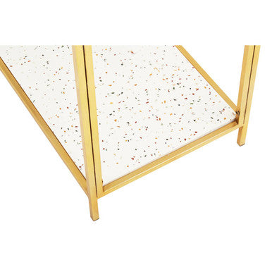Glass Top Console Table with White Terrazzo Effect Shelf and Gold Metal Frame | Novi