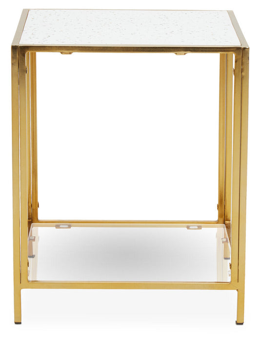 Glass Top Side Table with White Terrazzo Effect Shelf and Gold Metal Frame | Novi