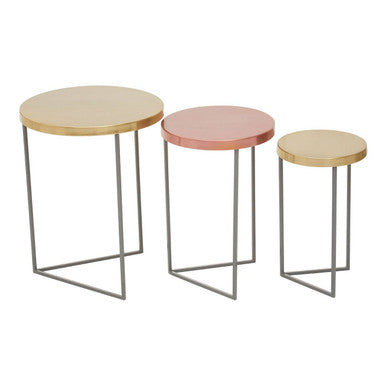 Set of 3 Nesting Side Tables with Warm Metallic Round Tops and Grey Metal Bases | Korba