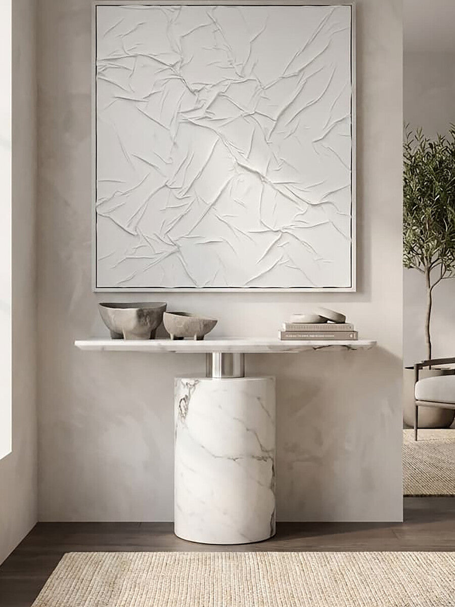 White Marble Console Table with Grey Veining and Stainless Steel Column Base, Sesto