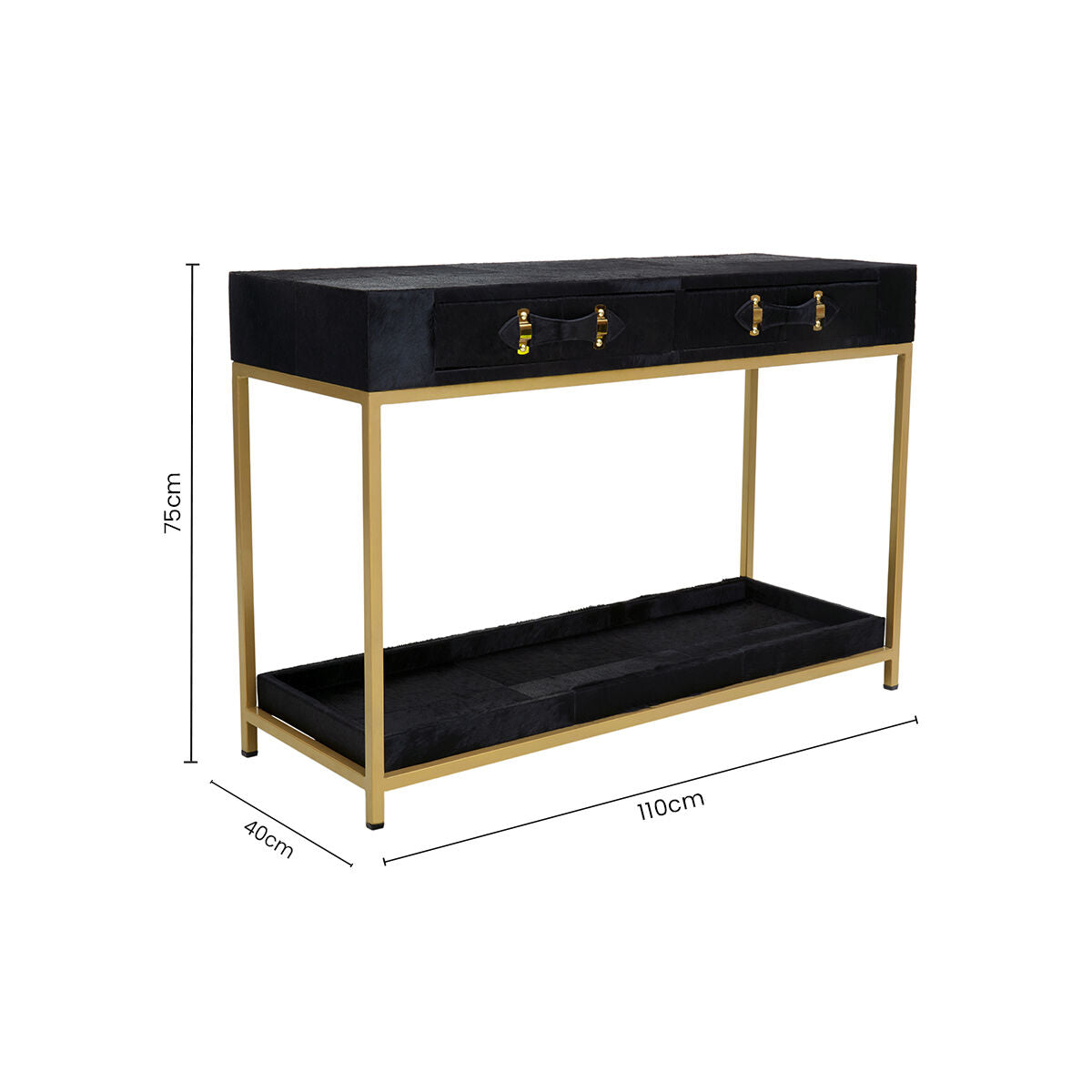 Black Hair-On-Leather 2-Drawer Console Table with Gold-Finished Metal Frame | Kensington Townhouse