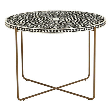 Black Round Coffee Table with White Bone Inlay Top and Gold Metal Cross Base | Fusion