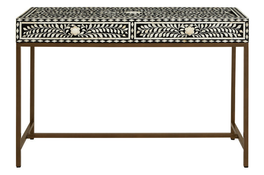 Black and White Floral Bone Inlay Console Table with 2 Storage Drawers and Gold Metal Base | Fusion