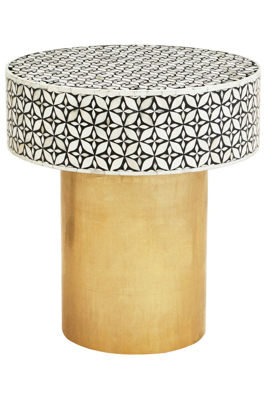 Black Round Side Table with White Bone Inlay Floral Design and Gold Metal Base | Fusion