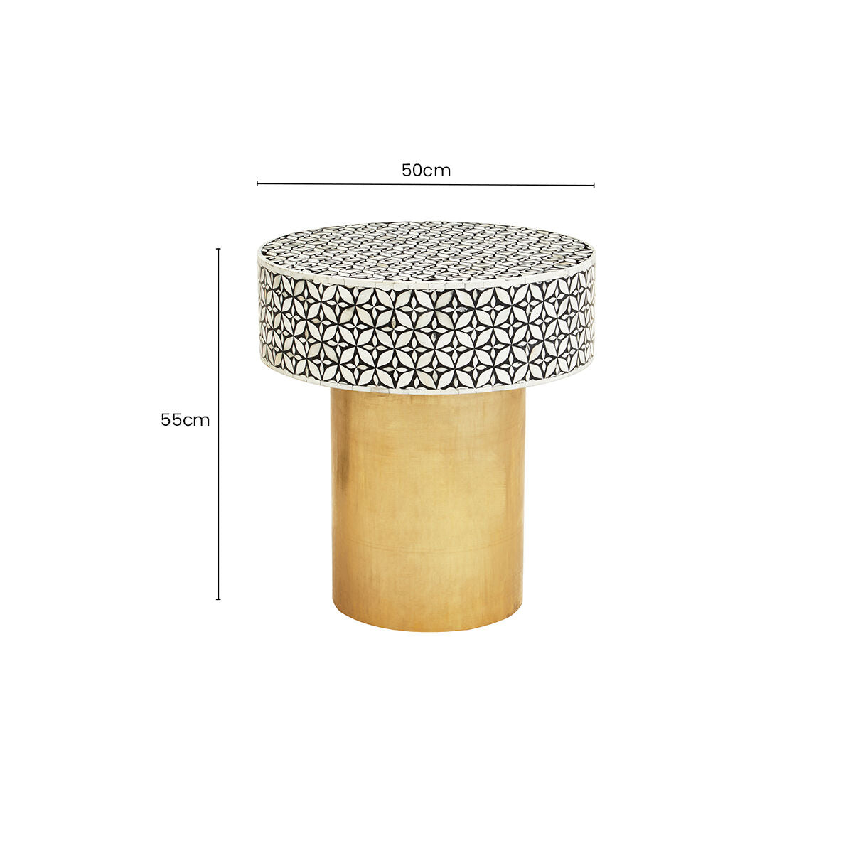 Black Wood Round Side Table with White Bone Inlay Floral Design and Gold Metal Base | Fusion