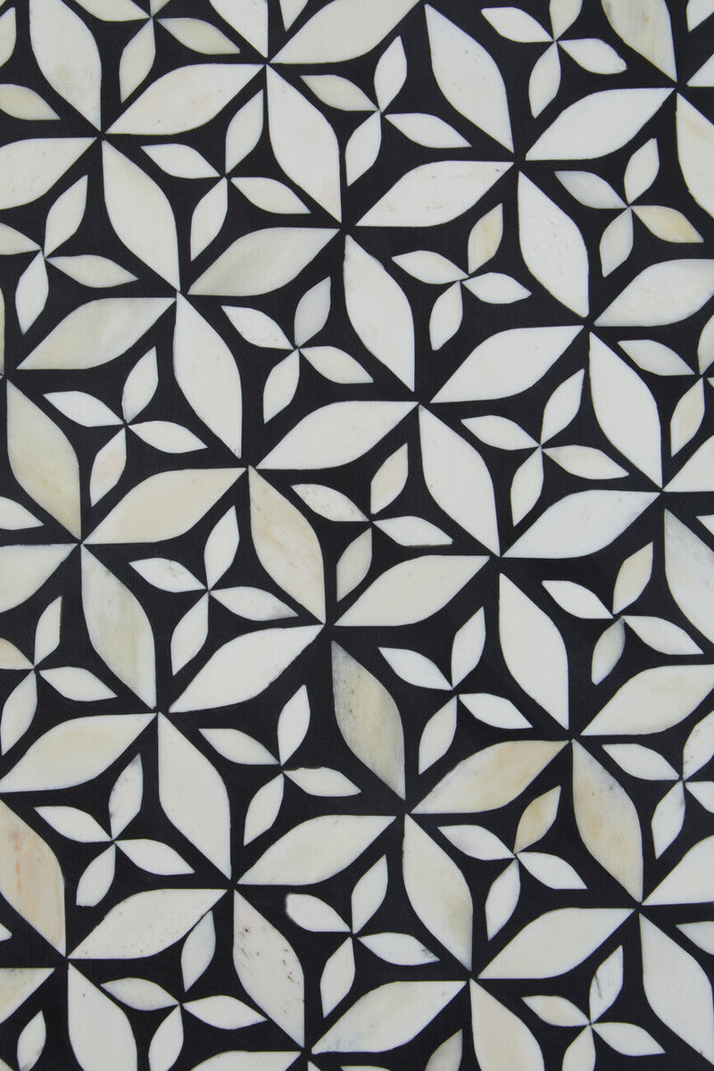Black and White Round Geometric Bone Inlay Coffee Table with Gold Finish Base | Fusion
