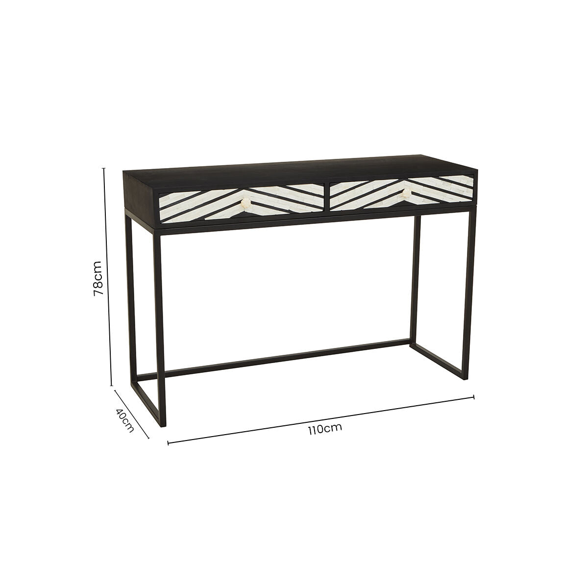 Black Wood 2-Drawer Console Table with Black and White Bone Inlay Chevron Fronts | Fusion