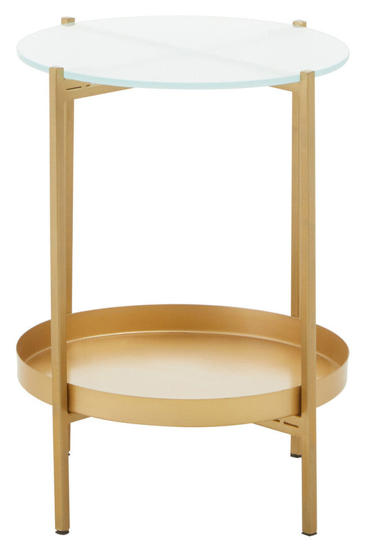 Gold Iron Two-Tier Side Table with Glass Top and Lower Shelf, Pali