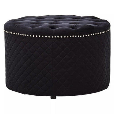 Zamora Round Black Velvet Ottoman with Button Tufting