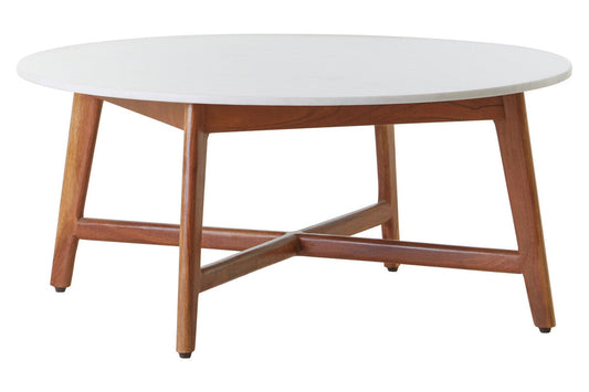 White Marble Round Top Coffee Table with Acacia Wood Legs | Myan