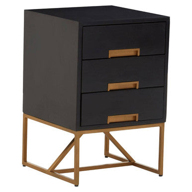 Black Mango Wood 3-Drawer Side Table with Gold Iron Legs and Handles | Kochi