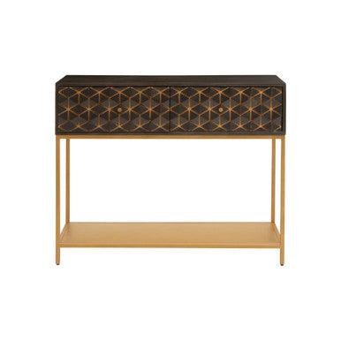 Grey Mango Wood 2-Drawer Console Table with Gold Finish Iron Frame and Lower Shelf | Patna