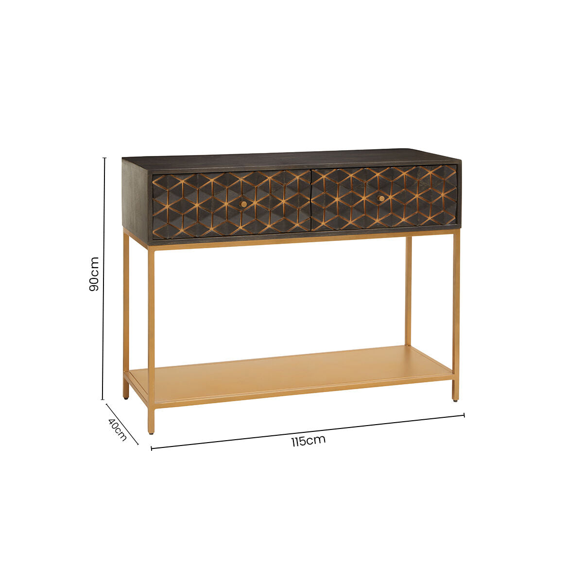 Grey Mango Wood 2-Drawer Console Table with Gold Finish Iron Frame and Lower Shelf | Patna