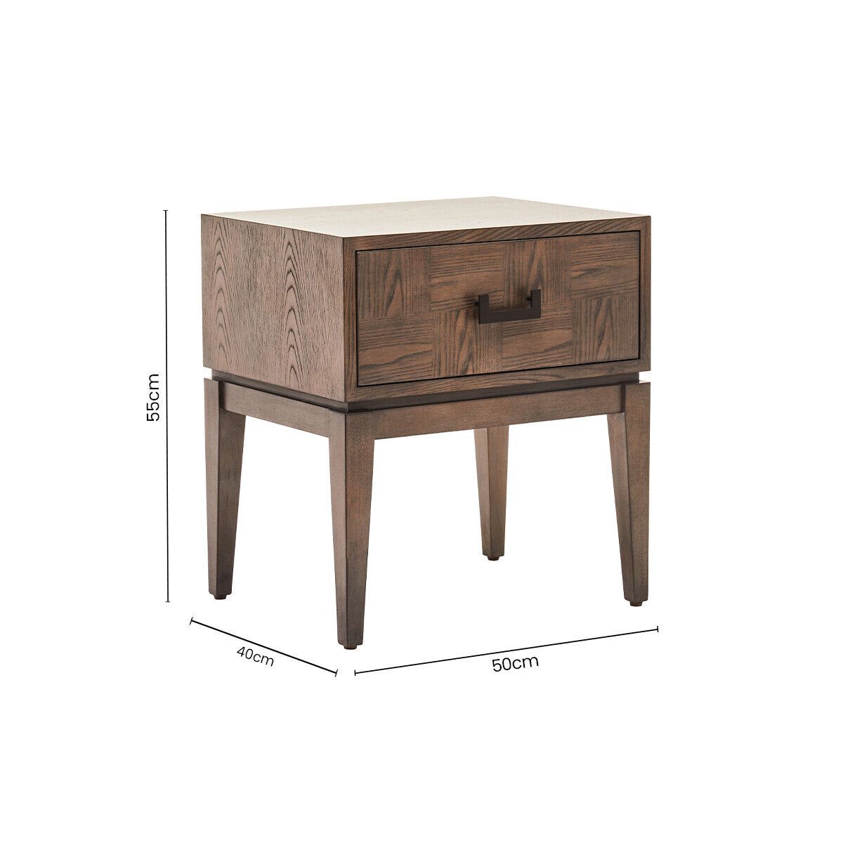 Antique Grey 1-Drawer Side Table with Wooden Legs and Black Metal Handle, Dimaro