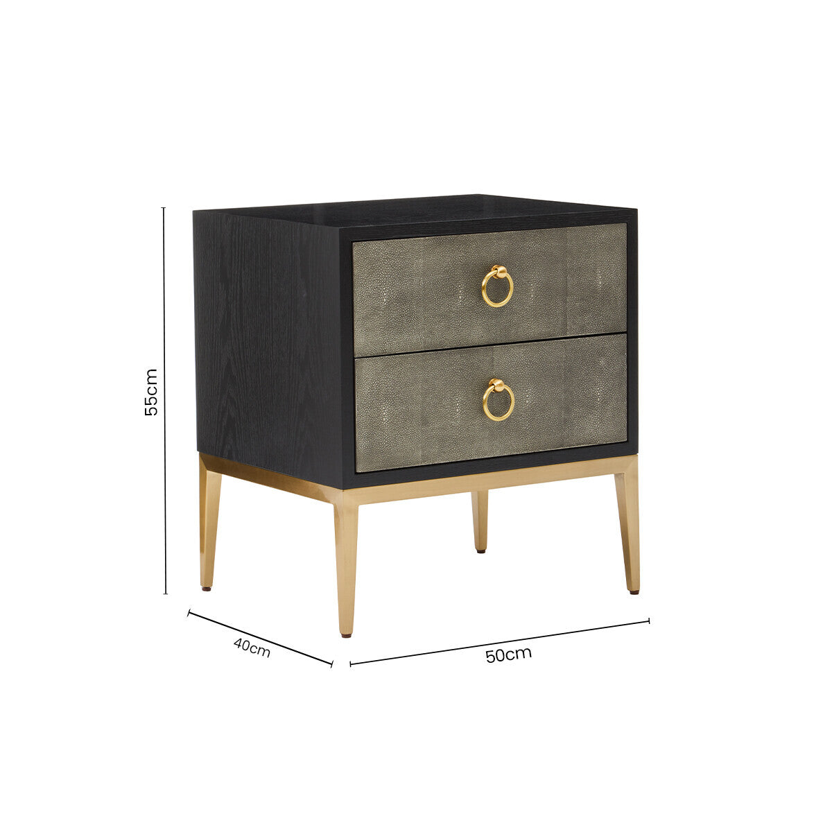 Grey Shagreen Effect 2-Drawer Side Table with Black Top and Gold Metal Legs | Deruta