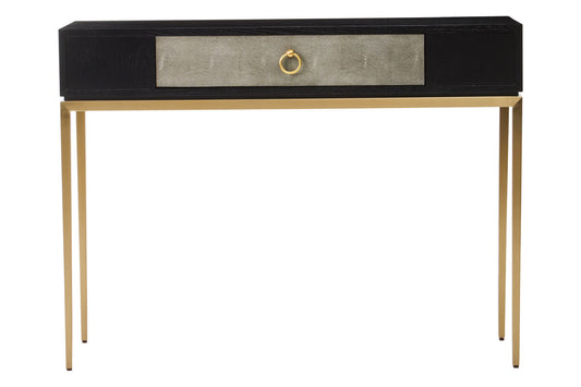 Black Top and Grey Shagreen Effect 1-Drawer Console Table with Gold Metal Legs, Deruta