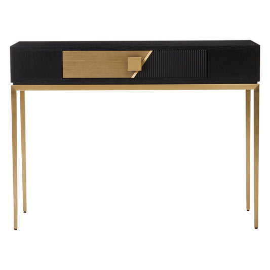 Two-Tone Black Fluted and Grained Console Table with Gold Metal Base and 1 Drawer, Davoli