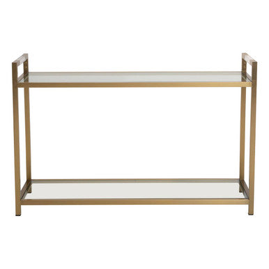 Matte Gold Stainless Steel Console Table with Clear Glass Top and Shelf | Vogue