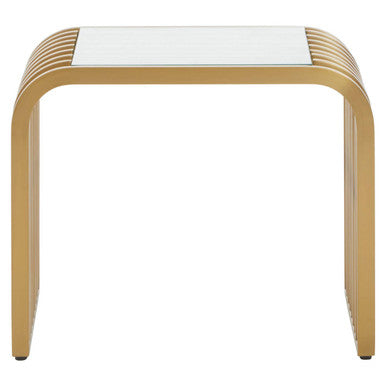 Matte Gold Slatted End Table with Clear Glass Top and Storage Shelf | Vogue