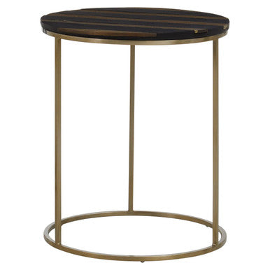Black and Gold Striped Acacia Wood Round Coffee Table with Interconnected Metal Legs | Aris