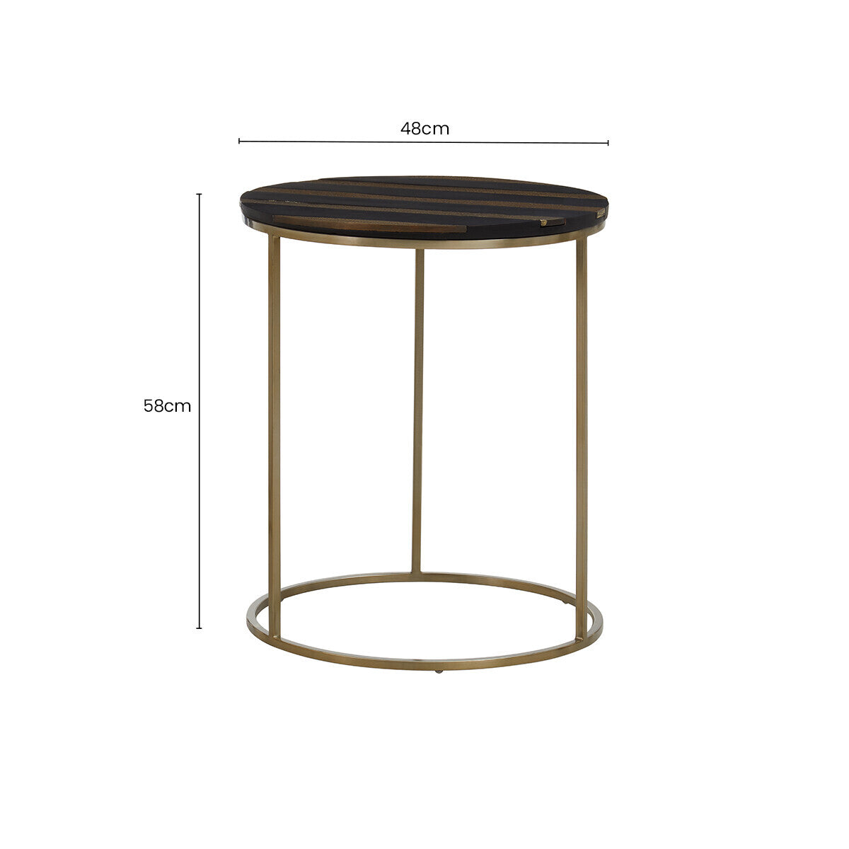 Black and Gold Striped Acacia Wood Round Coffee Table with Interconnected Metal Legs | Aris