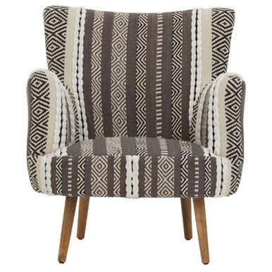 Cefena Grey and White Patterned Fabric Chair with Mango Wood Legs