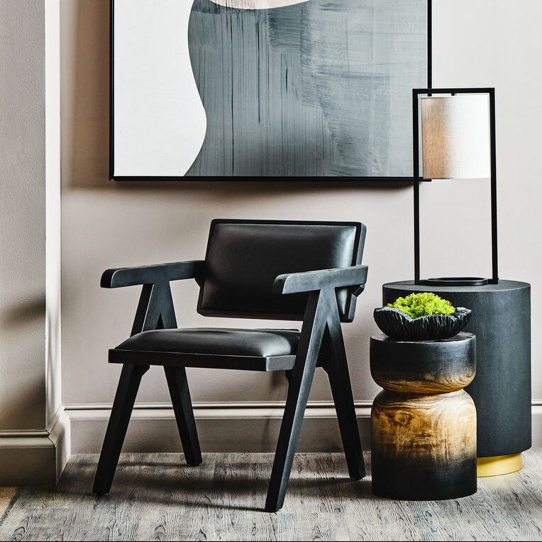 Buffalo Black Leather Chair with Angular Black Wood Frame