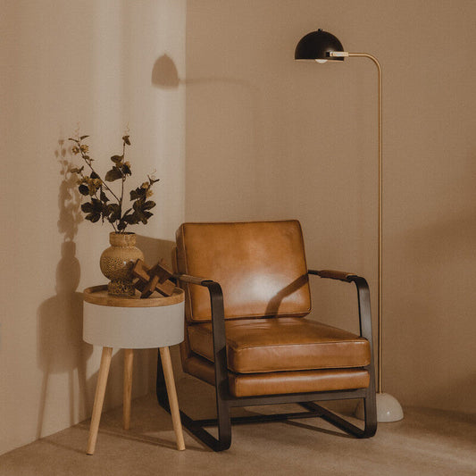 Buffalo Tan Leather Armchair With Black Iron Frame