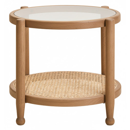 Grey Wash Elm Wood Side Table with Glass Top and Cane Shelf | Cebu