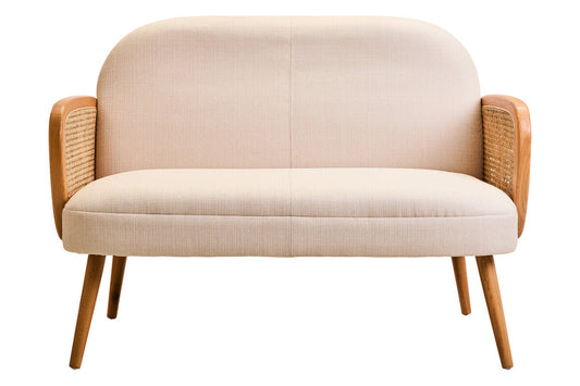 2 Seater Ivory Fabric and Cane Sofa with Elm Wood Legs | Cebu
