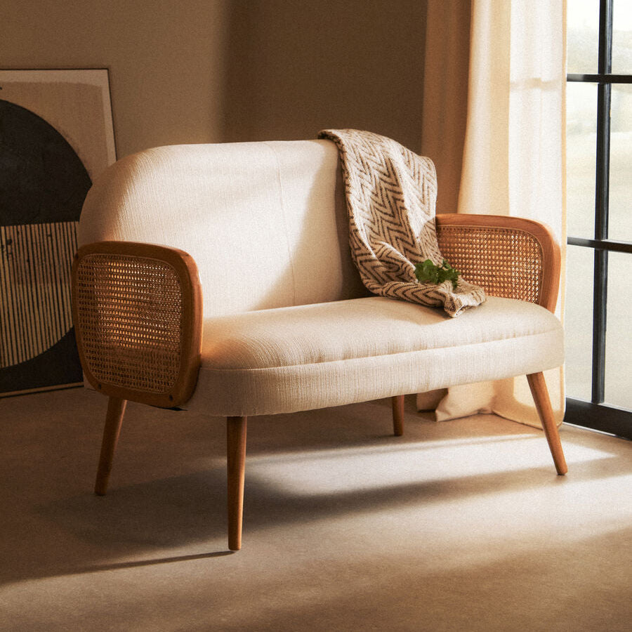 Cebu Ivory Fabric and Cane 2 Seater Sofa with Elm Wood Legs