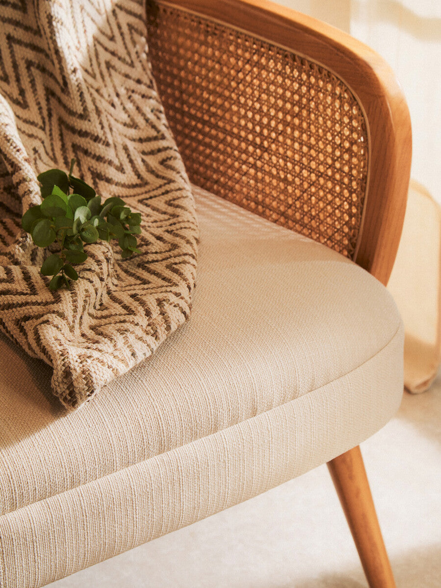 2 Seater Ivory Fabric and Cane Sofa with Elm Wood Legs, Cebu