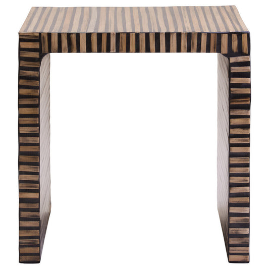Natural Bamboo Inlay Square Side Table with Linear Pattern and Open Base, Bambusa