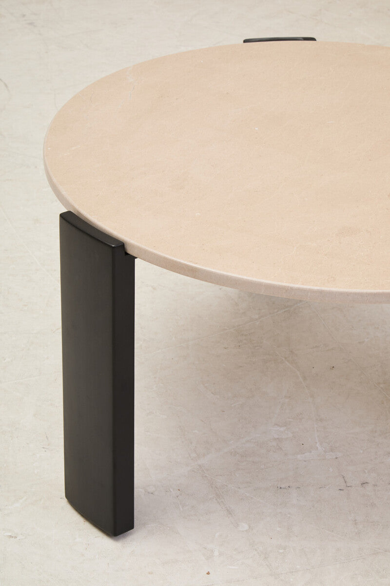 Cream Round Marble Top Large Coffee Table with Black Acacia Legs, Palermo