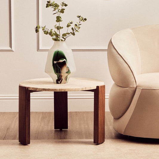 Palermo Natural Wood With Travertine Top Small Round Marble Coffee Table