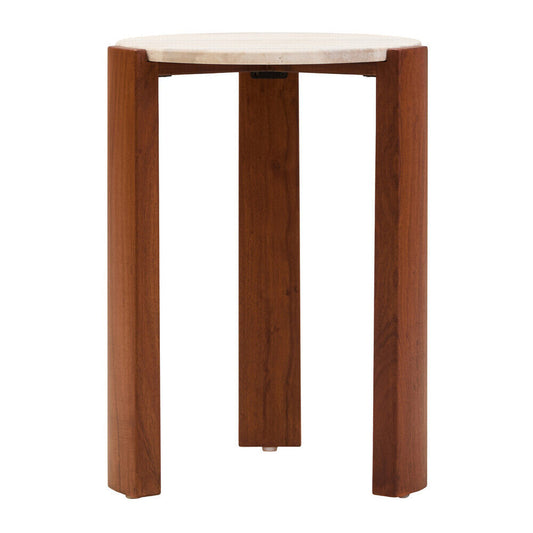 Cream Travertine Top Round Side Table with Natural Brown Acacia Wood Base, Palermo