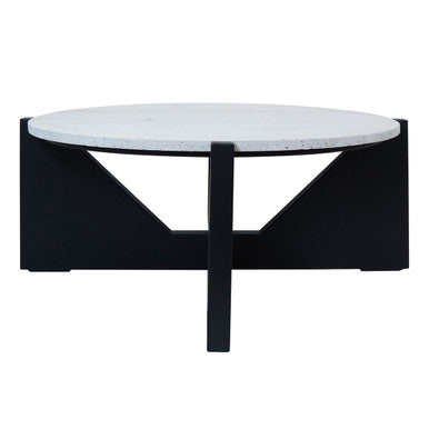 Cream Travertine Top Coffee Table with Black Acacia Wood Geometric Frame | Winton