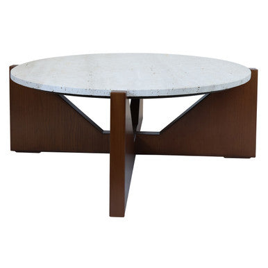 Winton Travertine Top Coffee Table With Acacia Wood Frame