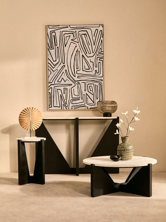Winton Cream Travertine and Black Finish Acacia Wood Console Table