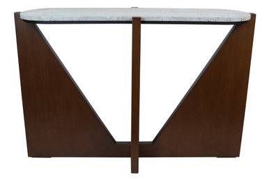 Cream Travertine Top Console Table with Brown Acacia Wood Frame, Walton