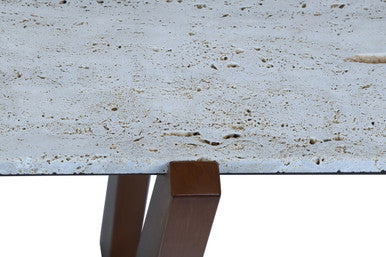Cream Travertine Top Console Table with Brown Acacia Wood Frame, Walton