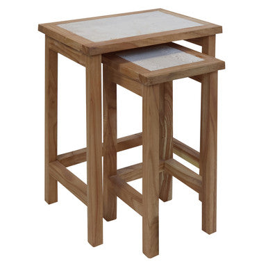Set of 2 Cream Travertine Top Small Nesting Console Tables with Natural Acacia Wood Frames | Womad