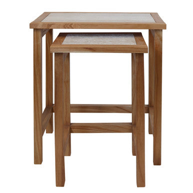 Set of 2 Cream Travertine Top Large Nesting Console Tables with Natural Acacia Wood Frames | Womad
